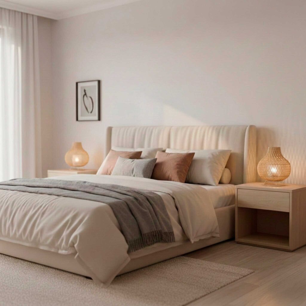 Habitación con cama y dos lámparas de ratán encima de dos mesitas de noche. en medio una cama.