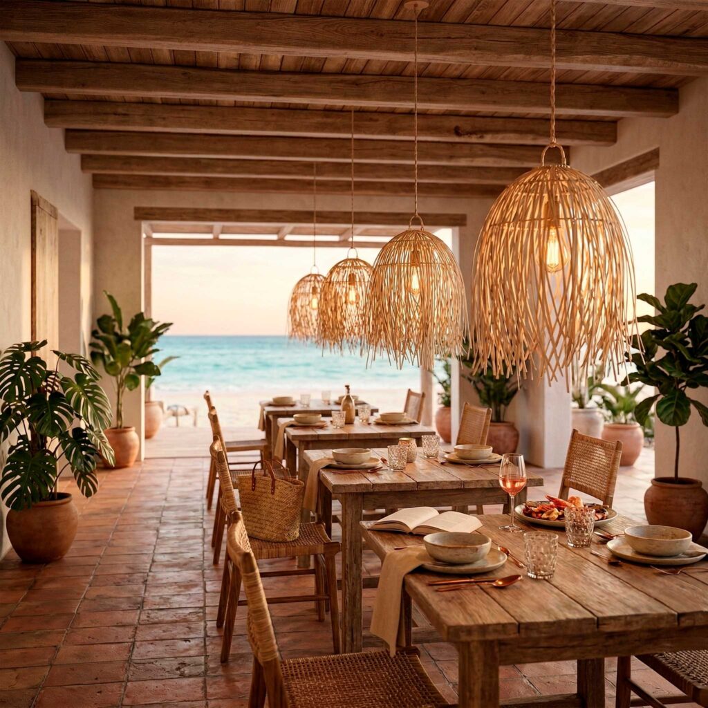 Terraza restaurante con 4 lámparas de ratán colgadas en el techo, modelo Hujan.