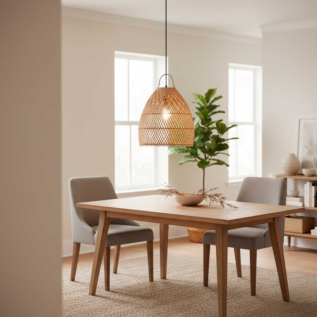 Comedor con una mesa, encima una lámpara de ratán modelo Tirode